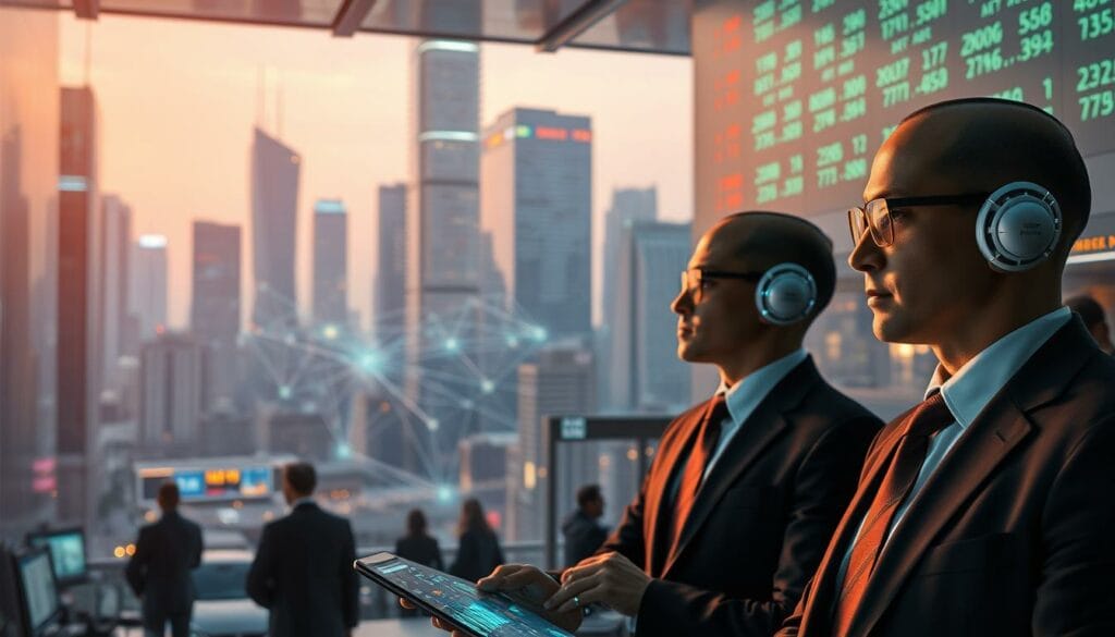 A bustling financial hub, dimly lit with warm hues. In the foreground, sleek AI agents in suits and ties, their expressions focused as they analyze data streams on holographic displays. In the middle ground, a network of interconnected financial transactions and stock tickers, pulsing with energy. The background is a cityscape of towering skyscrapers, their glass facades reflecting the glow of digital screens. The scene conveys a sense of technological innovation, data-driven decision-making, and the seamless integration of AI into the world of finance and investment.