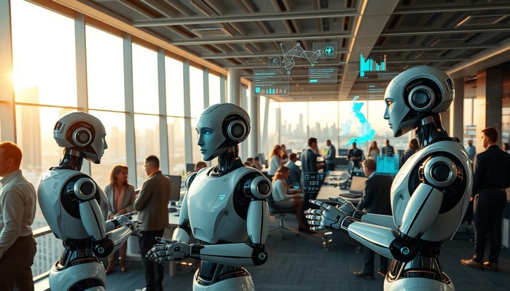 A bustling modern office, filled with AI-powered assistants collaborating with human workers. In the foreground, sleek humanoid robots engage in discussions, their movements captured in a cinéma vérité style. In the middle ground, algorithms analyze data streams, visualized as holographic displays. The background showcases a panoramic view of the city skyline, bathed in warm, natural lighting that filters through large windows. An atmosphere of efficiency, innovation, and seamless human-AI integration permeates the scene.