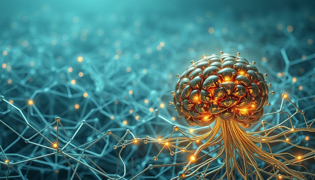 A complex neural network landscape, with intricate pathways and interconnected nodes pulsing with cognitive energy. In the foreground, an abstract brain structure composed of shimmering metallic components, its synaptic connections emitting a soft, ethereal glow. The middle ground features a hazy, three-dimensional grid of data streams, ebbing and flowing like digital currents. In the background, a dreamscape of abstract shapes and forms, hinting at the boundless potential of cognitive computing. The scene is bathed in a cool, contemplative light, conveying a sense of profound insight and intellectual exploration.