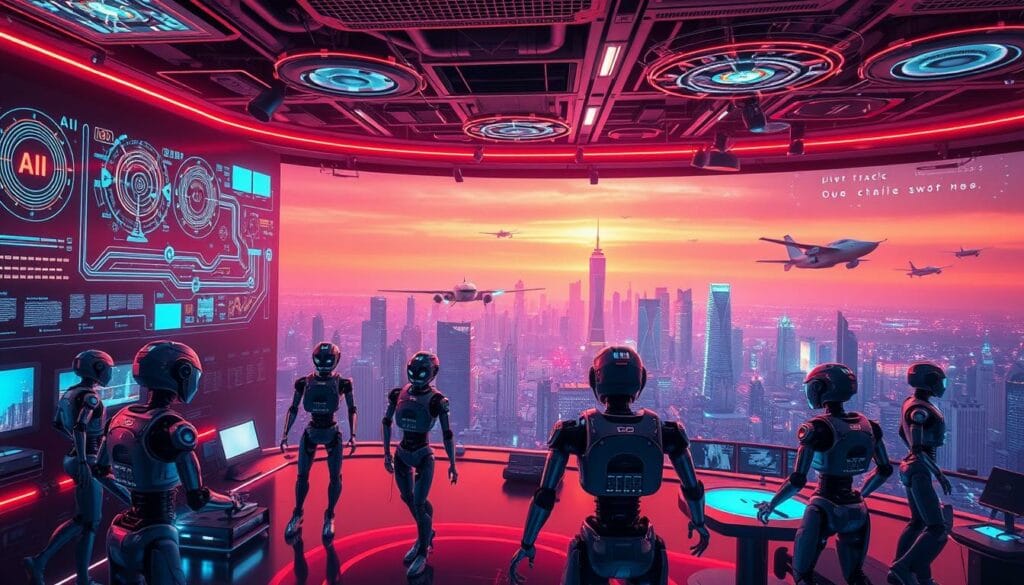 A hyper-advanced AI control center, bathed in a warm, neon-tinged glow. Holographic displays and interactive interfaces project a vision of the future, where autonomous agents seamlessly integrate with human society. In the foreground, a cluster of humanoid robots engage in dynamic, collaborative tasks, their movements fluid and efficient. In the middle ground, a network of interconnected hubs and nodes visualize the intricate web of AI-powered systems, pulsing with real-time data. The background reveals a sprawling, futuristic cityscape, where skyscrapers and flying vehicles hint at the transformative potential of AI-driven technology. The scene conveys a sense of awe, innovation, and the profound impact of AI agents on the world to come.
