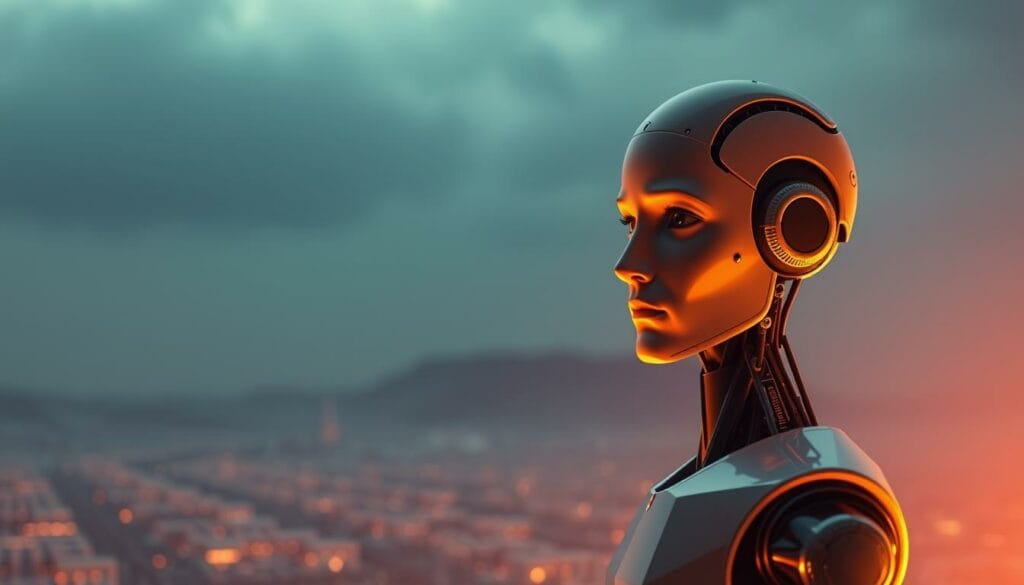 A serene, pensive scene of an AI agent thoughtfully considering its ethical implications. In the foreground, the agent stands with a contemplative gaze, its synthetic features exuding a sense of careful deliberation. The middle ground reveals a landscape of complex code and data streams, symbolizing the technological underpinnings that power the agent. In the background, a soft, muted palette of blues and grays creates a contemplative atmosphere, with subtle hints of the agent's inner workings visible through translucent panels. Warm, directional lighting illuminates the scene, casting a thoughtful, introspective mood. Captured with a wide-angle lens, the composition draws the viewer into the agent's moment of ethical contemplation.