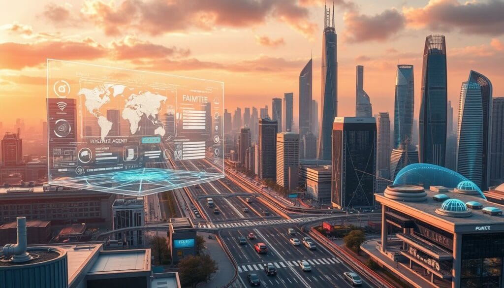 A sleek, futuristic cityscape bathed in a warm, ambient glow. In the foreground, a holographic display hovers, showcasing intricate data visualizations and intelligent agent interfaces. Seamlessly integrated into the architecture, advanced sensors and communication modules dot the landscape, facilitating the flow of information and the coordination of autonomous systems. The middle ground features sleek, self-driving vehicles navigating the streets with precision, while in the background, towering skyscrapers and gleaming, high-tech structures hint at a world of interconnected, AI-driven solutions. The scene conveys a sense of technological sophistication, efficiency, and the promise of a future where intelligent agents are the driving force behind innovative, sustainable urban environments.