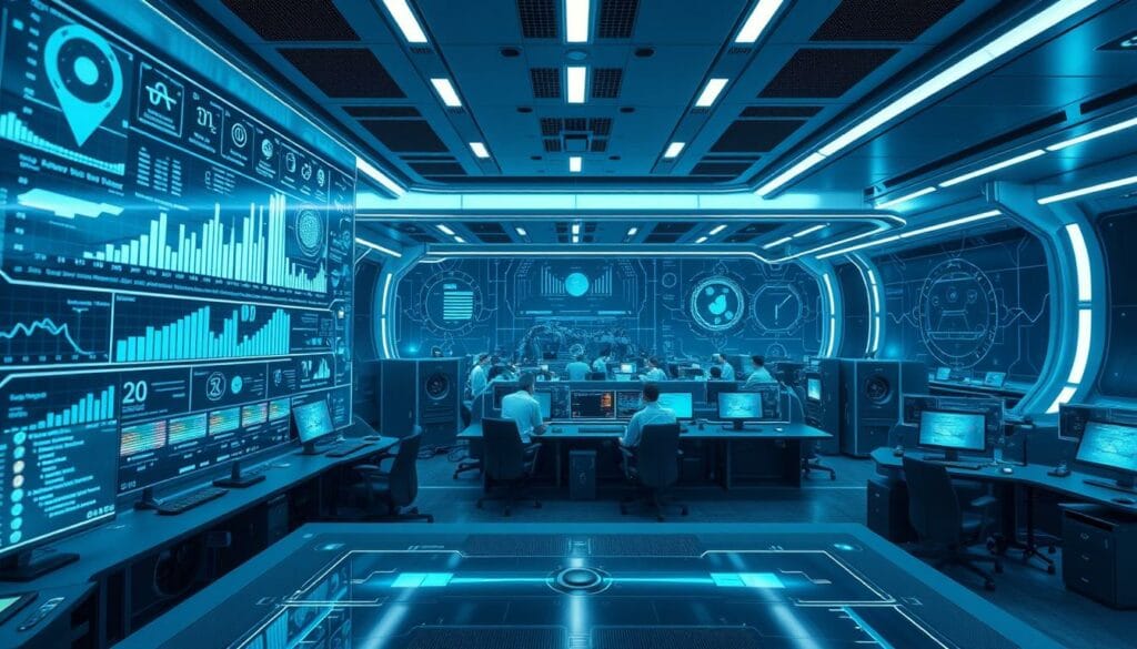 A sleek, futuristic control center for autonomous systems, bathed in a soft, blue-hued lighting. In the foreground, a holographic display showcases dynamic data visualizations, with floating icons and graphs conveying real-time system analytics. The middle ground features a team of technicians monitoring various screens and interfaces, their faces illuminated by the glow of the displays. In the background, a vast expanse of high-tech equipment and machinery, hinting at the complex inner workings of these autonomous systems. The overall atmosphere is one of precision, efficiency, and a sense of cutting-edge technological prowess.