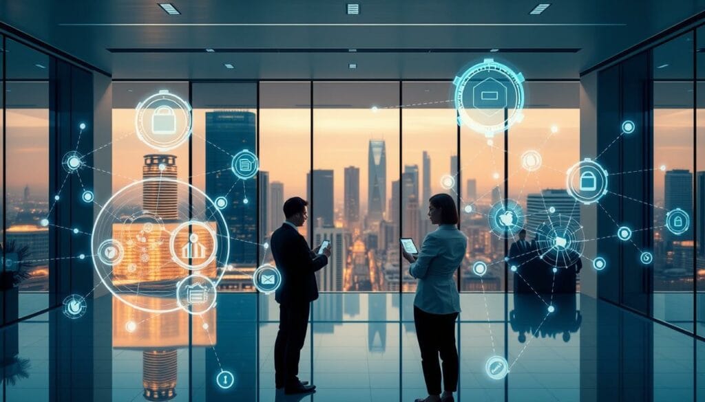 A sleek, modern office setting with a stylized holographic display in the foreground, showcasing interconnected AI agents seamlessly integrating and exchanging data. The middle ground features a team of business professionals collaborating intuitively with the AI agents, using touchscreen interfaces and gestures to direct the system. The background depicts a futuristic cityscape, with skyscrapers and clean, minimalist architecture bathed in a warm, ambient lighting. The overall scene conveys a sense of effortless collaboration, technological sophistication, and business efficiency.