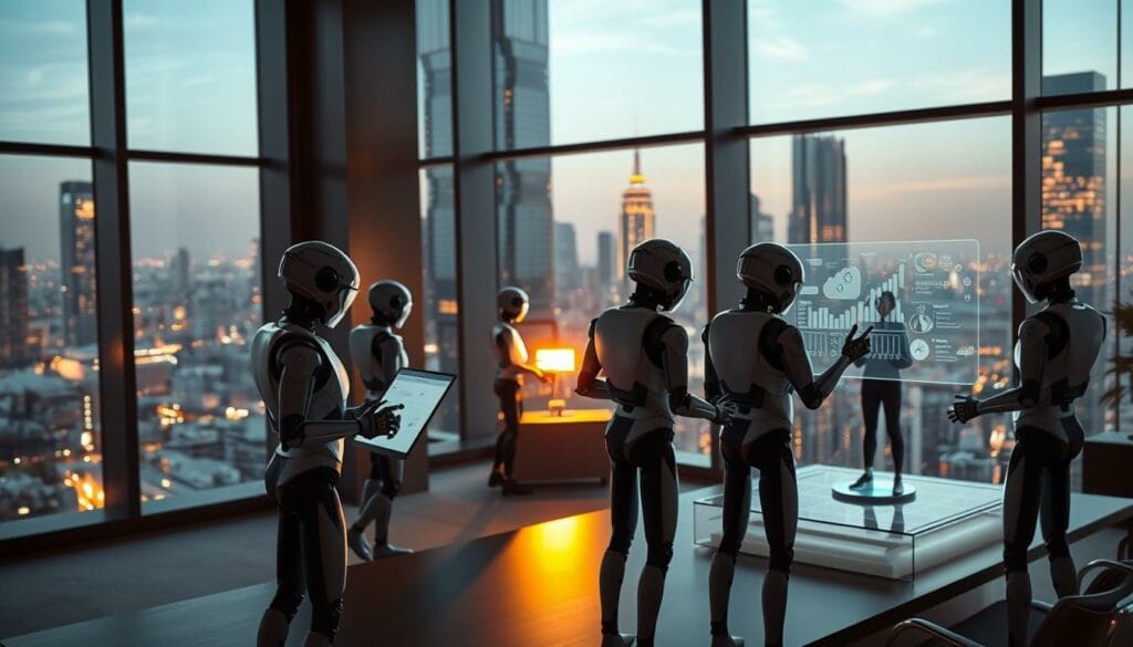 A sleek, modern office setting with large windows overlooking a bustling cityscape. In the foreground, a team of AI agents, represented by stylized humanoid figures, are engaged in various tasks - some analyzing data visualizations, others collaborating on a holographic display. The agents' movements are fluid and natural, conveying a sense of intelligence and autonomy. The lighting is a warm, ambient glow, casting subtle shadows and highlights on the agents and office furnishings. The overall mood is one of innovation, productivity, and the seamless integration of AI technology into the workplace. The scene captures the diverse applications of AI agents, from data analysis to task automation, in a visually compelling and immersive way.