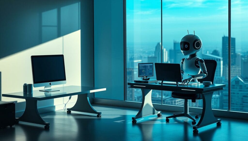 A sleek, modern office setting with two distinct desks. On the left, a traditional desktop computer setup, signifying a conventional software solution. On the right, a more advanced and streamlined workspace featuring a stylized AI agent, represented by a clean, minimalist android form. The AI agent's desk is adorned with holographic displays, sleek peripherals, and subtle neon accents, conveying its technological superiority. Dramatic lighting casts sharp shadows, creating a sense of competition and comparison between the two workstations. The background features a panoramic city skyline, suggesting the broader business landscape. The overall tone is one of innovation, efficiency, and the transformative power of AI-driven solutions.