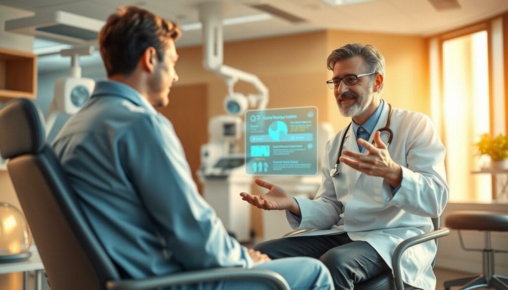 A state-of-the-art medical clinic, bathed in warm, natural lighting. In the foreground, a patient sits comfortably in an ergonomic chair, engaged in a thoughtful discussion with a caring, attentive physician. The physician's expression conveys empathy and expertise, their hands gesturing as they explain the patient's condition and treatment options on a sleek, holographic display. In the background, advanced medical equipment and diagnostic tools seamlessly integrate with the serene, modern interior design. An atmosphere of trust, collaboration, and personalized care permeates the scene, showcasing the transformative potential of agentic reasoning AI in enhancing the doctor-patient relationship.