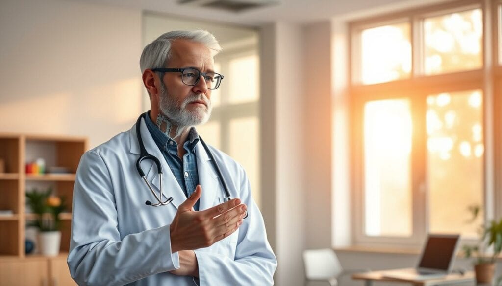 A thoughtful, empathetic AI doctor stands in a modern medical office, wearing a crisp white coat and stethoscope. Their expression conveys a sense of focused attention and care as they review holographic patient data displayed in front of them. The room is bathed in warm, natural lighting that filters in through large windows, creating a calming, professional atmosphere. The doctor's pose and body language suggest a collaborative, human-centric approach to their practice, with an unwavering commitment to providing the best possible care.