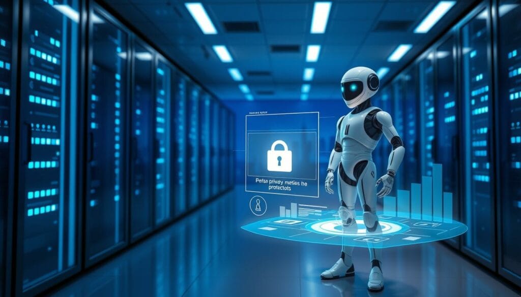 A tranquil, secure data center with serene blue lighting, sleek servers, and an AI agent standing guard, symbolizing the importance of privacy and ethical data management in the age of intelligent technologies. In the foreground, a stylized holographic display showcases data privacy metrics and security protocols, conveying a sense of transparency and responsibility. The background features a subtle cityscape, hinting at the broader societal impact of AI agents and the need to balance innovation with robust privacy safeguards.