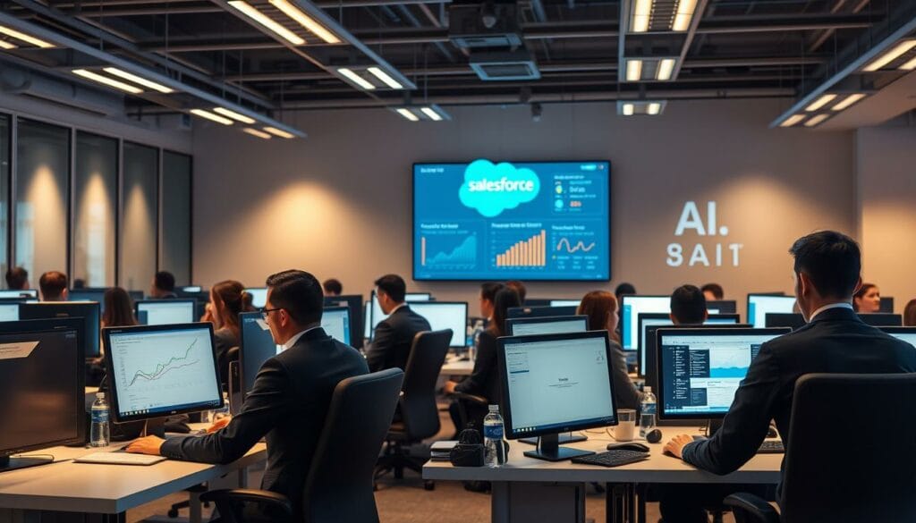 A bustling Salesforce AI contact center, with a team of professional agents assisting customers in a modern, well-lit office setting. The agents, dressed in formal attire, are seated at sleek desks, intently focused on their computer screens as they navigate Salesforce's intuitive AI-powered interfaces. In the background, a large display showcases real-time analytics and performance metrics, highlighting the efficiency and responsiveness of the Salesforce AI system. Warm, indirect lighting creates a welcoming atmosphere, while the clean, minimalist design of the office space exudes a sense of professionalism and innovation. The overall scene conveys the seamless integration of Salesforce's AI technology within a customer service environment, delivering a superior experience for both agents and clients.