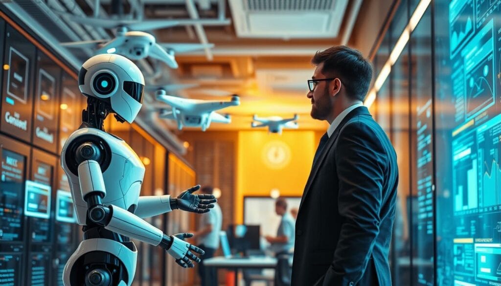 A bustling office interior with autonomous robots and AI agents seamlessly integrated into the workflow. In the foreground, a sleek humanoid robot assists a business executive, its movements fluid and lifelike. In the middle ground, intelligent software agents analyze data streams on holographic displays, while autonomous drones zip through the air, delivering documents and supplies. The background is filled with the hum of advanced computing systems, creating an atmosphere of efficient, cutting-edge technology. Warm, focused lighting illuminates the scene, highlighting the synergy between human and machine. The overall impression conveys the power of autonomous AI solutions to empower businesses with intelligent, adaptable, and responsive systems. A bustling office interior with autonomous robots and AI agents seamlessly integrated into the workflow. In the foreground, a sleek humanoid robot assists a business executive, its movements fluid and lifelike. In the middle ground, intelligent software agents analyze data streams on holographic displays, while autonomous drones zip through the air, delivering documents and supplies. The background is filled with the hum of advanced computing systems, creating an atmosphere of efficient, cutting-edge technology. Warm, focused lighting illuminates the scene, highlighting the synergy between human and machine. The overall impression conveys the power of autonomous AI solutions to empower businesses with intelligent, adaptable, and responsive systems.