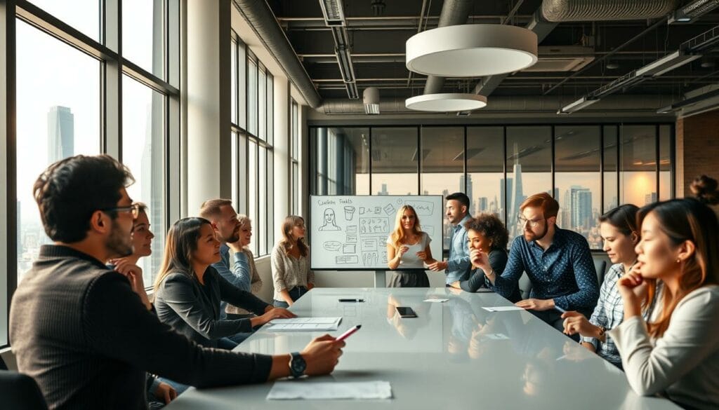A bustling office setting, bathed in warm, diffused lighting from floor-to-ceiling windows. In the foreground, a group of diverse employees collaborating at a long conference table, their expressions animated as they discuss ideas. In the middle ground, colleagues gather around a virtual whiteboard, gesturing and sketching with digital styluses. In the background, a panoramic city skyline visible through the windows, symbolizing the dynamic and interconnected nature of the modern workforce. The atmosphere is one of productivity, innovation, and a sense of shared purpose as the team navigates the evolving landscape of work. A bustling office setting, bathed in warm, diffused lighting from floor-to-ceiling windows. In the foreground, a group of diverse employees collaborating at a long conference table, their expressions animated as they discuss ideas. In the middle ground, colleagues gather around a virtual whiteboard, gesturing and sketching with digital styluses. In the background, a panoramic city skyline visible through the windows, symbolizing the dynamic and interconnected nature of the modern workforce. The atmosphere is one of productivity, innovation, and a sense of shared purpose as the team navigates the evolving landscape of work.