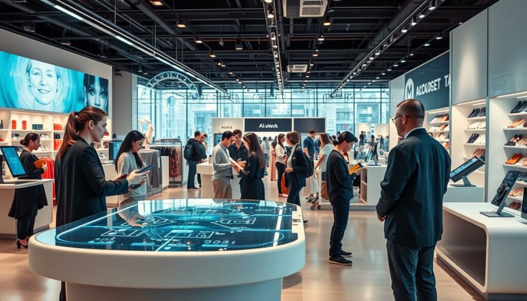 A bustling retail setting, where AI agent builders take center stage. In the foreground, a team of professionals huddle around a holographic display, meticulously crafting intelligent digital assistants to serve customers. The middle ground features an array of interactive kiosks and sleek, minimalist counters, where these AI agents seamlessly guide shoppers through their buying journey. In the background, a panoramic view of the store showcases a modern, well-lit environment, with natural light streaming in through large windows. The overall mood is one of efficiency, innovation, and a harmonious blend of human and artificial intelligence, creating a seamless retail experience.