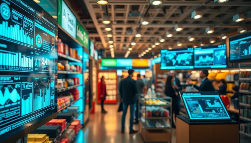 A bustling retail store, bathed in warm, inviting lighting. In the foreground, an AI agent interface displays real-time sales data and customer insights, seamlessly integrated into the store's operations. The middle ground showcases various product displays, each powered by intelligent systems that optimize inventory and personalize recommendations. In the background, a team of analysts reviews a detailed dashboard, using advanced analytics to uncover hidden trends and opportunities. The overall atmosphere conveys a harmonious blend of cutting-edge technology and human-centric customer experience, embodying the transformative potential of AI in the retail industry. A bustling retail store, bathed in warm, inviting lighting. In the foreground, an AI agent interface displays real-time sales data and customer insights, seamlessly integrated into the store's operations. The middle ground showcases various product displays, each powered by intelligent systems that optimize inventory and personalize recommendations. In the background, a team of analysts reviews a detailed dashboard, using advanced analytics to uncover hidden trends and opportunities. The overall atmosphere conveys a harmonious blend of cutting-edge technology and human-centric customer experience, embodying the transformative potential of AI in the retail industry.