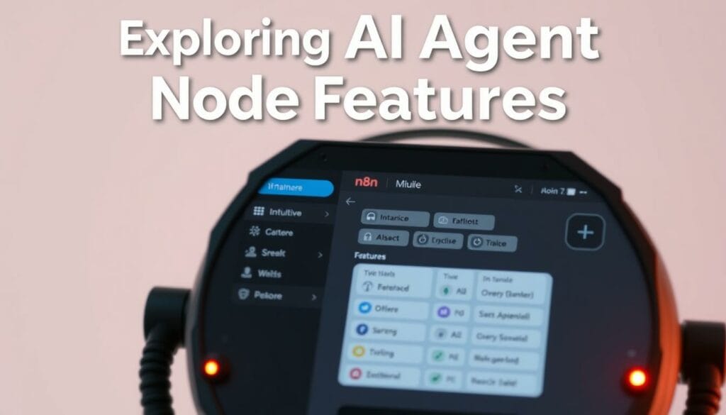 A close-up view of the AI Agent node features in n8n, with a sleek and modern design. The node is displayed against a minimalist, clean background, allowing the key functionalities to take center stage. The interface showcases intuitive controls, clear labels, and a well-organized layout, highlighting the node's versatility and ease of use. Subtle lighting casts a warm glow, creating a sense of depth and emphasizing the node's advanced capabilities. The overall composition conveys a sense of professionalism and technological sophistication, perfectly aligning with the "Exploring AI Agent Node Features" section of the article.