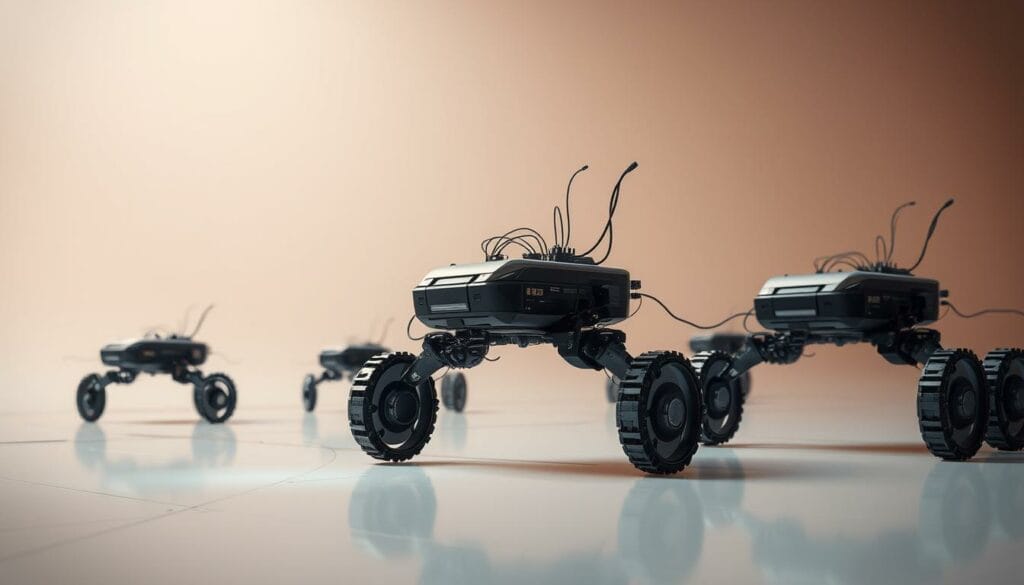 A complex arrangement of interconnected mechanical and digital components, forming an autonomous system that operates with a high degree of independence. The scene depicts a futuristic landscape, with sleek robotic devices navigating through a minimalist, high-tech environment. Diffused lighting casts a warm, ambient glow, emphasizing the seamless integration of hardware and software. Shadows and reflections create a sense of depth and dimensionality, hinting at the intricate inner workings of these autonomous agents. The overall mood is one of efficiency, precision, and a subtle sense of wonder at the capabilities of these advanced technological systems.