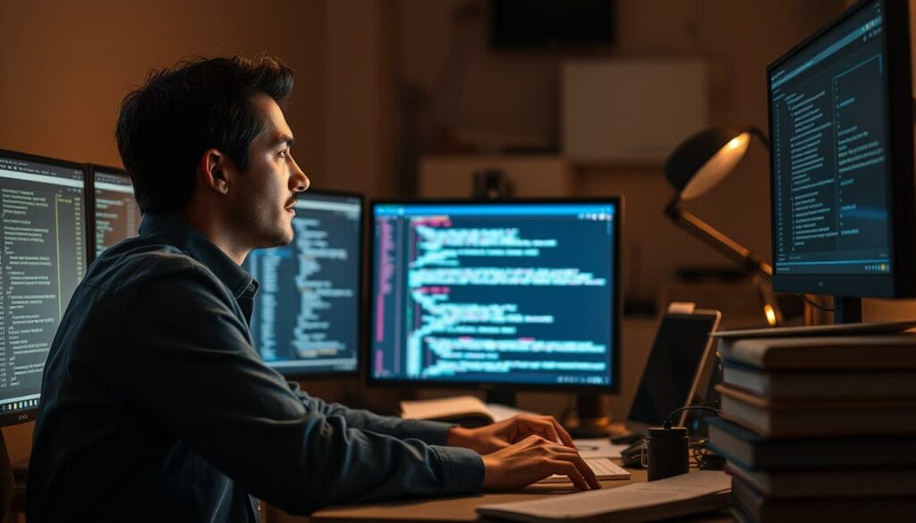 A focused, hard-working AI engineer sitting at a desk, intently studying data visualizations and lines of code on multiple computer screens. The scene is bathed in a warm, focused light, creating a contemplative and analytical atmosphere. The engineer's expression is one of deep concentration, as they work to refine and optimize the underlying machine learning algorithms powering a conversational AI chatbot. The desk is cluttered with notes, books, and various technological tools, conveying the complexity and detail-oriented nature of their craft. The background is slightly blurred, drawing the viewer's attention to the central figure and their vital task of developing cutting-edge AI solutions.