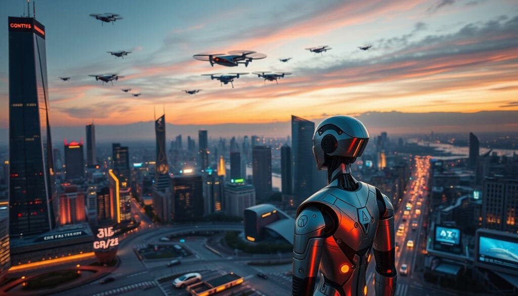 A futuristic cityscape at dusk, with towering skyscrapers and gleaming AI-powered drones soaring through the sky. In the foreground, a cluster of advanced AI agents stand vigilant, their metallic forms bathed in warm, ambient lighting. The agents' faces are enigmatic, hinting at their complex, evolving intelligence. In the middle ground, self-driving vehicles navigate the bustling streets, while holographic displays showcase the latest AI-driven innovations. The background is a stunning panorama of the city, with the horizon hinting at the boundless potential of AI-powered technologies that will shape the future.