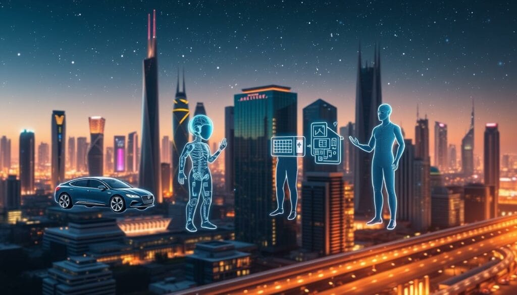 A futuristic cityscape with towering skyscrapers and advanced, sleek buildings. In the foreground, several AI agents are depicted as holographic figures, each representing a distinct technology or application - a self-driving car, a voice assistant, a smart home system, and a medical diagnosis tool. The agents are interacting with each other, sharing data and collaborating seamlessly. The scene is bathed in a warm, vibrant glow, suggesting the harmony and efficiency of these AI-powered solutions. The background features a starry night sky, hinting at the boundless potential of AI to shape and enhance our technological future. The overall mood is one of innovation, progress, and the seamless integration of AI agents into our daily lives.