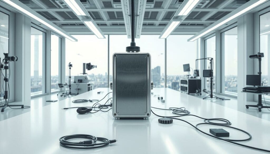 A highly detailed, photorealistic image of an n8n AI agent node being tested in a modern, minimalist technology lab. The node is positioned prominently in the foreground, its sleek metallic casing reflecting the bright overhead lighting. The middle ground features a clean white workspace with various cables, tools, and testing equipment surrounding the node. The background showcases a panoramic view of the lab, with floor-to-ceiling windows letting in natural light and offering a glimpse of a cityscape outside. The overall atmosphere is one of precise, meticulous examination and experimentation, conveying the rigor and attention to detail required when testing advanced AI systems.