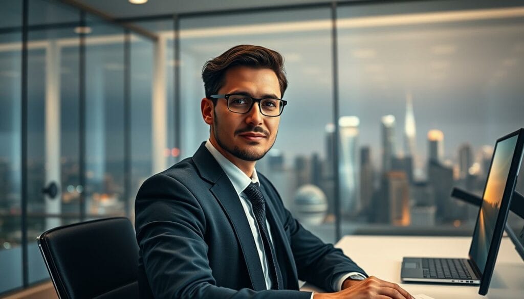 A hyper-realistic, cinematic portrait of an AI-powered sales agent, seated at a sleek, minimalist desk in a modern, well-lit office. The agent, dressed in a sharp, tailored suit, exudes confidence and professionalism, their gaze focused and engaging. The background features a panoramic city skyline, hinting at the agent's ability to connect with customers globally. Soft, directional lighting illuminates the agent's face, creating a sense of depth and emphasizing their intelligent, personable expression. The overall mood is one of technological sophistication, efficiency, and a seamless fusion of human and artificial intelligence, perfectly capturing the essence of "Enhancing Customer Experience with AI Sales Agents".