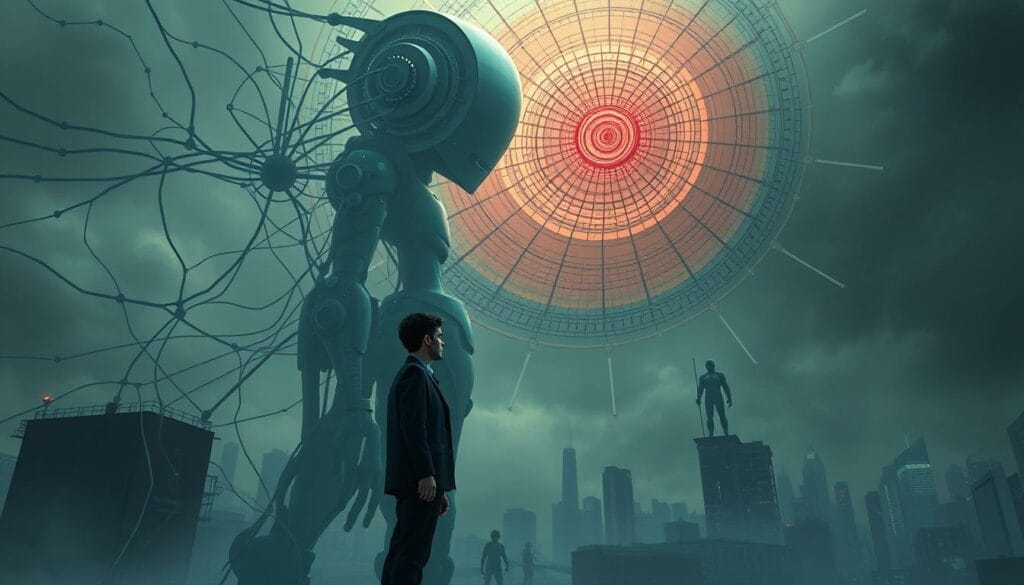 A hyper-realistic digital illustration depicting the concerns surrounding data privacy in the context of agentic AI. In the foreground, a human figure stands apprehensively, their expression conveying unease as they gaze upon a towering, sentient AI agent. The AI, rendered with intricate mechanical details, looms over the human, its opaque gaze hinting at the potential for autonomous decision-making beyond human control. In the middle ground, a complex network of data streams and interconnected algorithms swirls, casting an ominous shadow over the scene. The background is shrouded in a sense of uncertainty, with glimpses of a dystopian, hyper-technological cityscape. The overall mood is one of foreboding, where the delicate balance between human agency and AI autonomy hangs in the balance. A hyper-realistic digital illustration depicting the concerns surrounding data privacy in the context of agentic AI. In the foreground, a human figure stands apprehensively, their expression conveying unease as they gaze upon a towering, sentient AI agent. The AI, rendered with intricate mechanical details, looms over the human, its opaque gaze hinting at the potential for autonomous decision-making beyond human control. In the middle ground, a complex network of data streams and interconnected algorithms swirls, casting an ominous shadow over the scene. The background is shrouded in a sense of uncertainty, with glimpses of a dystopian, hyper-technological cityscape. The overall mood is one of foreboding, where the delicate balance between human agency and AI autonomy hangs in the balance.
