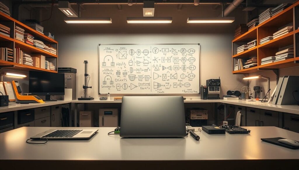 A serene laboratory setting, bathed in warm, diffused lighting. In the foreground, a desk with a sleek laptop and various electronic components, hinting at the intricate work of an NLP agent developer. In the middle ground, a whiteboard showcases complex diagrams and equations, reflecting the intellectual rigor required. The background depicts shelves laden with reference books and scientific equipment, creating an atmosphere of thoughtful exploration. The scene conveys a sense of focus, innovation, and the challenges inherent in shaping the future of AI agent frameworks.