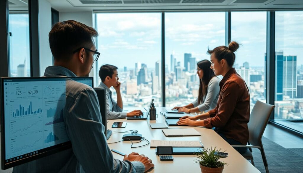A serene, well-lit office environment showcasing the diverse applications of an AI agent framework. In the foreground, a stylish desktop workstation displays various analytics dashboards and productivity tools. The middle ground features a team of professionals collaborating on AI-powered business solutions, their expressions focused and engaged. In the background, large windows provide a panoramic view of a bustling metropolis, symbolizing the framework's enterprise-level capabilities. The scene is captured with a crisp, cinematic lens, conveying a sense of professionalism, innovation, and the transformative power of AI agent technologies. A serene, well-lit office environment showcasing the diverse applications of an AI agent framework. In the foreground, a stylish desktop workstation displays various analytics dashboards and productivity tools. The middle ground features a team of professionals collaborating on AI-powered business solutions, their expressions focused and engaged. In the background, large windows provide a panoramic view of a bustling metropolis, symbolizing the framework's enterprise-level capabilities. The scene is captured with a crisp, cinematic lens, conveying a sense of professionalism, innovation, and the transformative power of AI agent technologies.