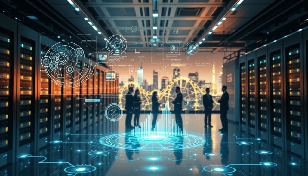 A sleek, futuristic data center with servers and networking equipment, illuminated by a soft, ambient light. In the foreground, a holographic display showcases intricate data visualizations and algorithms, hinting at the complex AI systems at work. The middle ground features a team of data scientists and engineers, their faces obscured, focused on monitoring and maintaining the system. In the background, a cityscape of towering skyscrapers and glowing, interconnected networks creates a sense of scale and the broader technological landscape. The overall mood is one of technological sophistication, precision, and the delicate balance between innovation and data privacy.