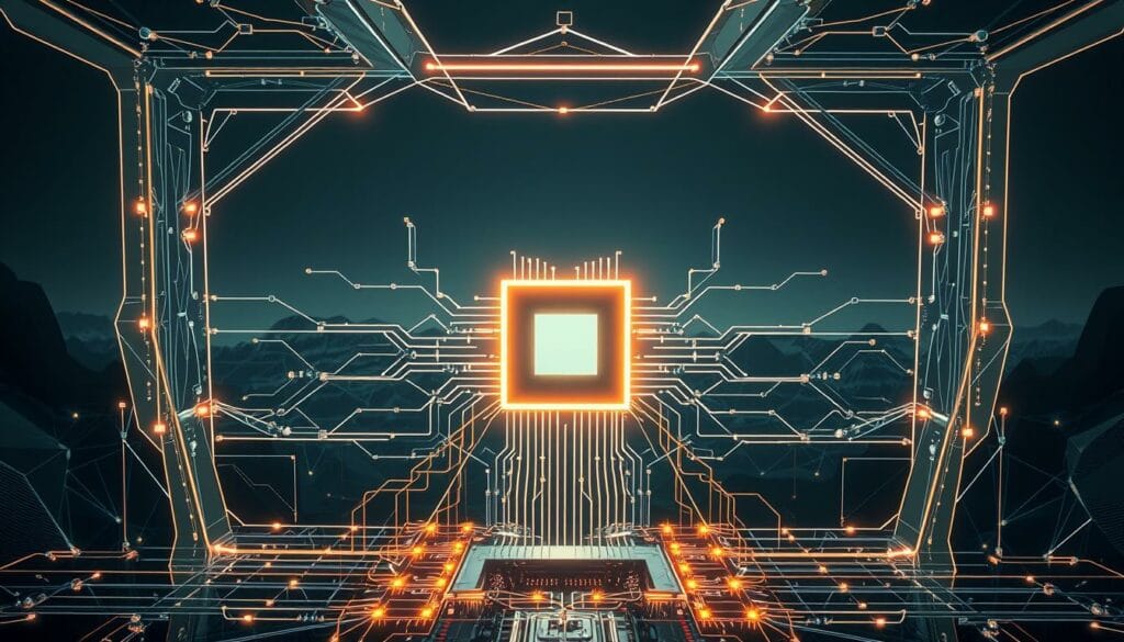 A sleek, futuristic framework of interconnected components representing an agentic artificial intelligence system. In the foreground, a central processing unit emits a soft, ambient glow, surrounded by a matrix of neural network nodes pulsing with energy. In the middle ground, intricate data pathways weave between modules, visualizing the flow of information. The background features a stylized landscape of abstract geometric forms, hinting at the complex computational landscape that powers the AI framework. Dramatic cinematic lighting casts dramatic shadows, conveying a sense of power and capability. The overall impression is one of a highly advanced, adaptable, and autonomous AI system ready to navigate the future of business. A sleek, futuristic framework of interconnected components representing an agentic artificial intelligence system. In the foreground, a central processing unit emits a soft, ambient glow, surrounded by a matrix of neural network nodes pulsing with energy. In the middle ground, intricate data pathways weave between modules, visualizing the flow of information. The background features a stylized landscape of abstract geometric forms, hinting at the complex computational landscape that powers the AI framework. Dramatic cinematic lighting casts dramatic shadows, conveying a sense of power and capability. The overall impression is one of a highly advanced, adaptable, and autonomous AI system ready to navigate the future of business.