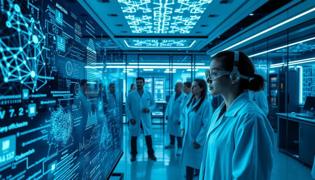 A sleek, futuristic laboratory with an array of cutting-edge artificial intelligence technologies. In the foreground, a high-resolution display showcases intricate neural network visualizations, data matrices, and algorithms in a mesmerizing dance of light and shadow. In the middle ground, a team of researchers in white lab coats and goggles intently study the displays, their expressions a mix of concentration and wonder. The background features an expansive, glass-walled workspace filled with state-of-the-art computing hardware, holographic projectors, and other advanced tools of the AI trade. The scene is bathed in a cool, blue-tinted lighting, creating an atmosphere of scientific innovation and technological progress. A sleek, futuristic laboratory with an array of cutting-edge artificial intelligence technologies. In the foreground, a high-resolution display showcases intricate neural network visualizations, data matrices, and algorithms in a mesmerizing dance of light and shadow. In the middle ground, a team of researchers in white lab coats and goggles intently study the displays, their expressions a mix of concentration and wonder. The background features an expansive, glass-walled workspace filled with state-of-the-art computing hardware, holographic projectors, and other advanced tools of the AI trade. The scene is bathed in a cool, blue-tinted lighting, creating an atmosphere of scientific innovation and technological progress.