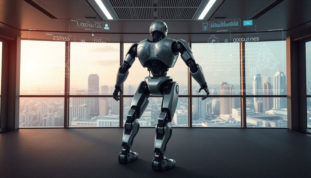 A sleek, futuristic office interior with floor-to-ceiling windows overlooking a vibrant cityscape. In the center, an autonomous robotic agent stands tall, its metallic chassis gleaming under the soft, indirect lighting. The agent's movements are fluid and purposeful, conveying a sense of intelligence and adaptability. Holographic displays flicker around it, visualizing complex data streams and intricate algorithms. The atmosphere is one of innovation and forward-thinking, with the robotic agent serving as a symbol of the power and potential of agentic artificial intelligence in various industries. A sleek, futuristic office interior with floor-to-ceiling windows overlooking a vibrant cityscape. In the center, an autonomous robotic agent stands tall, its metallic chassis gleaming under the soft, indirect lighting. The agent's movements are fluid and purposeful, conveying a sense of intelligence and adaptability. Holographic displays flicker around it, visualizing complex data streams and intricate algorithms. The atmosphere is one of innovation and forward-thinking, with the robotic agent serving as a symbol of the power and potential of agentic artificial intelligence in various industries.