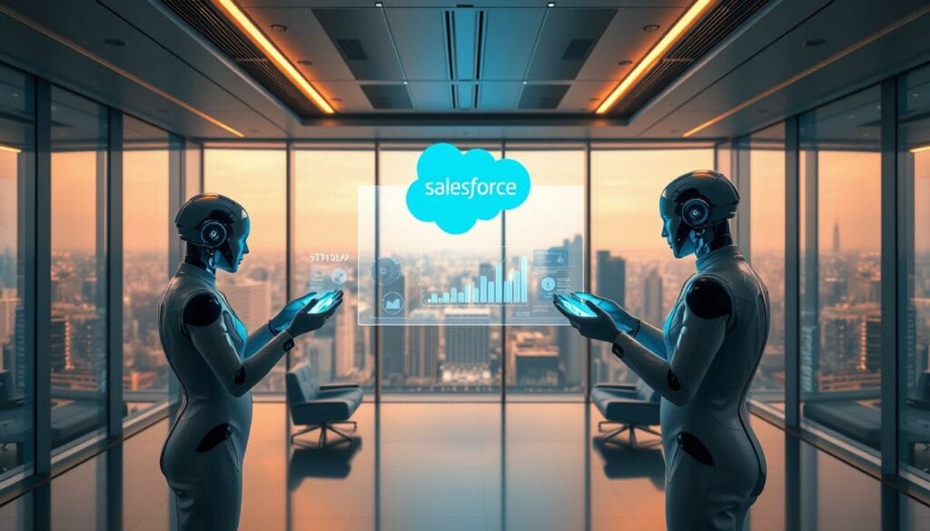 A sleek, futuristic office setting with Salesforce AI agents in the foreground. The agents, elegant and lifelike, are interacting with holographic interfaces, their movements fluid and precise. In the middle ground, a large transparent display showcases Salesforce's AI-powered analytics and insights, casting a soft blue glow. The background features floor-to-ceiling windows, offering a panoramic view of a bustling, technologically-advanced cityscape. Warm, directional lighting from above creates a sense of sophistication and innovation, while the overall atmosphere conveys a vision of Salesforce's cutting-edge AI solutions transforming the future of business.