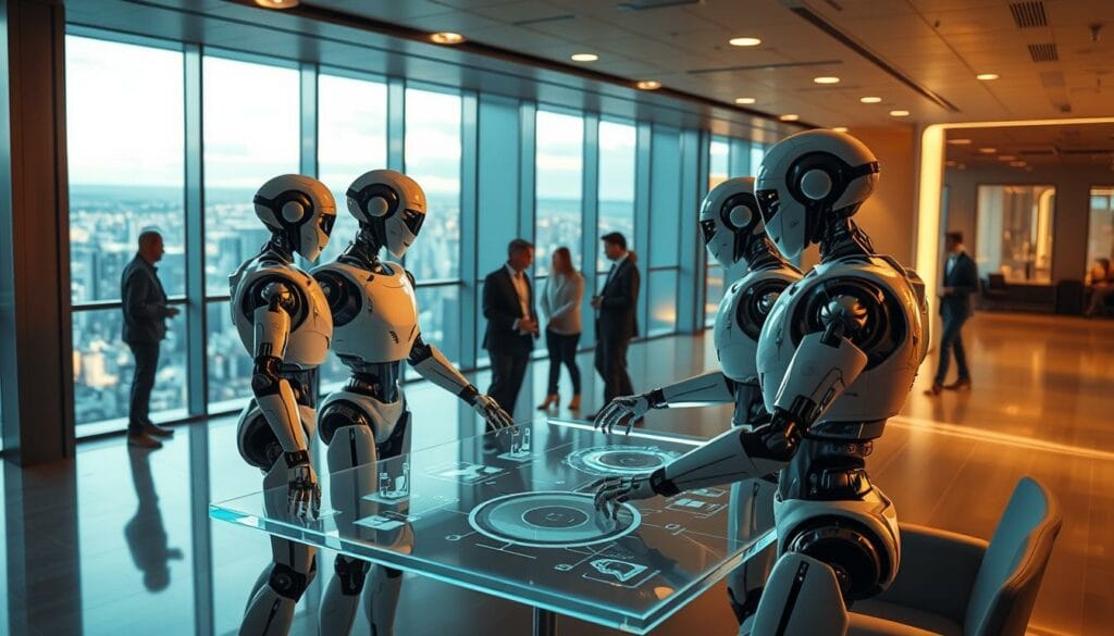 A sleek, futuristic office setting with autonomous AI agents seamlessly integrated into the workflow. In the foreground, a group of intelligent humanoid robots collaborating on a holographic display, their movements fluid and precise. The middle ground features employees interacting with the AI agents, marveling at their efficient task completion. The background showcases a panoramic view of a bustling metropolis, underscoring the scale and impact of these autonomous systems. Soft, warm lighting illuminates the scene, creating an atmosphere of innovation and progress. The camera angle is slightly elevated, conveying a sense of control and oversight over the autonomous implementation. A sleek, futuristic office setting with autonomous AI agents seamlessly integrated into the workflow. In the foreground, a group of intelligent humanoid robots collaborating on a holographic display, their movements fluid and precise. The middle ground features employees interacting with the AI agents, marveling at their efficient task completion. The background showcases a panoramic view of a bustling metropolis, underscoring the scale and impact of these autonomous systems. Soft, warm lighting illuminates the scene, creating an atmosphere of innovation and progress. The camera angle is slightly elevated, conveying a sense of control and oversight over the autonomous implementation.