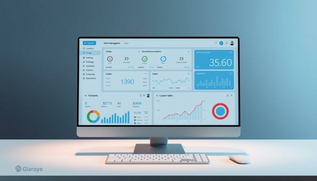 A sleek, intuitive workflow management tool displayed on a modern desktop. In the foreground, a clean, minimalist interface showcases key performance metrics and customizable dashboards. The middle ground features elegant data visualizations and interactive charts, providing real-time insights. The background subtly blends shades of blue and gray, creating a professional, focused atmosphere. Soft, directional lighting casts a subtle glow, highlighting the tool's user-friendly layout and seamless functionality. The overall scene conveys efficiency, clarity, and the power of data-driven decision-making.