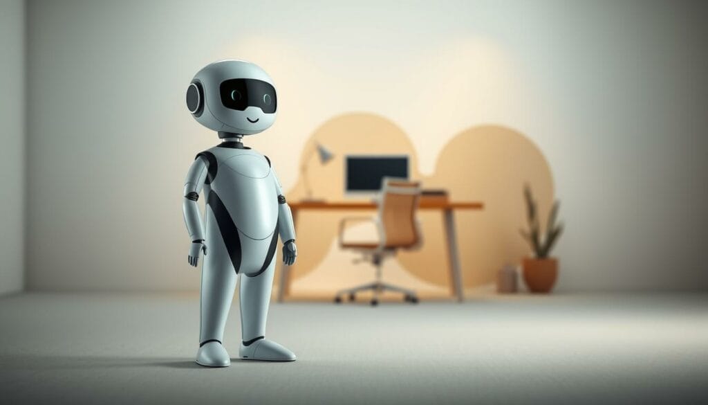 A sleek, modern conversational AI assistant standing in a minimalist office setting. The agent is composed of clean lines and elegant curves, giving it a friendly and approachable appearance. Soft, diffused lighting illuminates the scene, creating a warm and inviting atmosphere. The assistant is positioned in the foreground, engaging the viewer with a subtle, lifelike expression. In the middle ground, a stylish desk and chair setup suggest a professional work environment. The background features muted, abstract shapes and textures, providing a visually interesting yet unobtrusive setting that allows the AI agent to be the focal point.