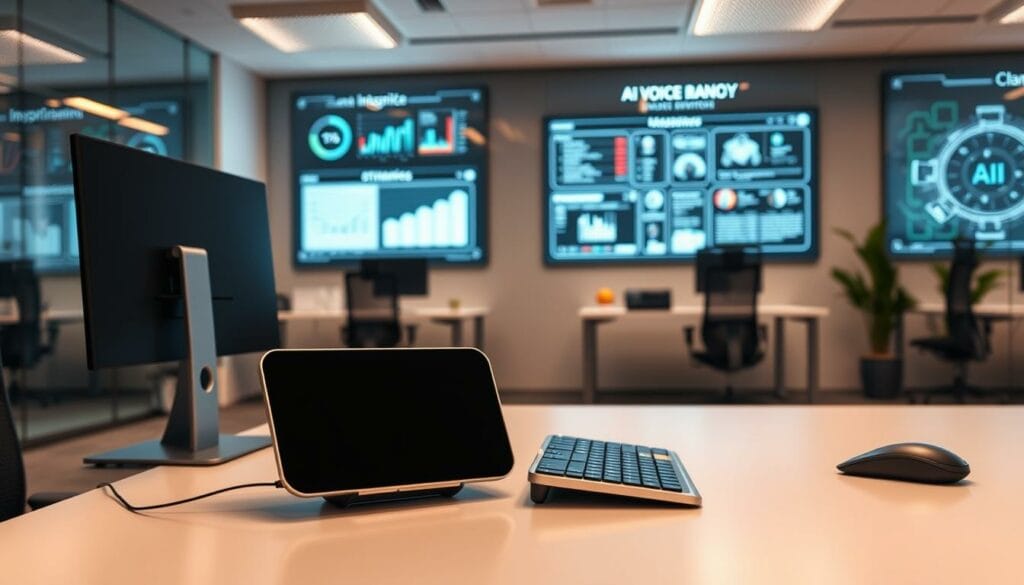 A sleek, modern office environment with a focus on AI voice agent integration. In the foreground, a sophisticated desk setup features a minimalist workstation with a display, keyboard, and mouse. Resting on the desk is a state-of-the-art voice assistant device, its LED indicators pulsing softly. In the middle ground, the walls are adorned with digital panels showcasing real-time analytics and system integration diagrams, conveying the seamless fusion of voice technology with existing business infrastructure. The background is bathed in a warm, ambient lighting that creates a calm, professional atmosphere, hinting at the effortless productivity enabled by this AI voice agent integration.
