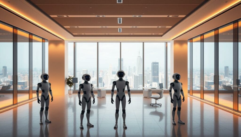 A sleek, modern office interior bathed in warm, diffuse lighting. In the foreground, a group of stylized AI agents stand ready to assist, their forms elegant and intuitive. The middle ground showcases a variety of productivity-enhancing technologies, from intuitive interfaces to intelligent automation. In the background, a panoramic window offers a glimpse of a bustling cityscape, symbolizing the dynamic, forward-thinking environment enabled by the seamless integration of agentive AI. The overall scene conveys a sense of efficiency, innovation, and the rewarding collaboration between human and machine.