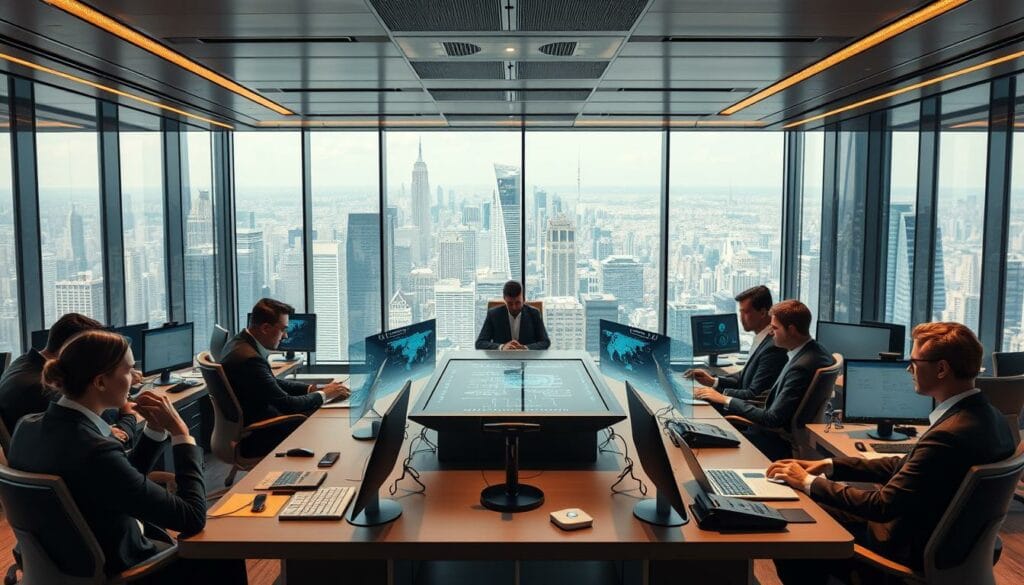 A sleek, modern office setting with a team of AI sales agents diligently working at their desks. In the foreground, a group of agents are engaged in lively discussions, their facial expressions and gestures conveying a sense of collaboration and efficiency. The middle ground features a centralized command console, with holographic displays and intuitive interfaces, allowing the sales managers to monitor and coordinate the team's activities. In the background, floor-to-ceiling windows offer a panoramic view of a bustling cityscape, hinting at the global reach and impact of the AI-powered sales operation. The lighting is warm and professional, creating a productive and forward-thinking atmosphere. The overall scene suggests a seamless integration of cutting-edge technology and human expertise, revolutionizing the sales process.