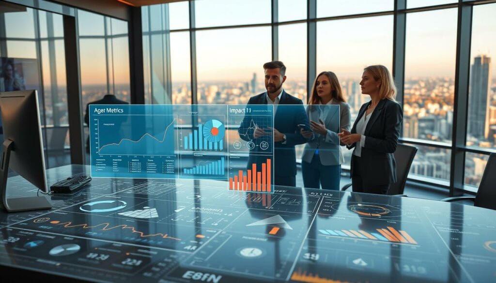 A sleek, modern office setting with an expansive desk showcasing a variety of analytics and data visualization tools. In the foreground, a holographic display projects insightful graphs and charts tracking the performance and impact metrics of an advanced agentic AI system. The middle ground features a group of professionals engaged in a collaborative discussion, gesturing towards the data with thoughtful expressions. In the background, floor-to-ceiling windows offer a panoramic cityscape, bathed in warm, natural lighting that filters through. The overall atmosphere conveys a sense of innovation, strategic planning, and a deep understanding of the transformative potential of agentic AI technologies.