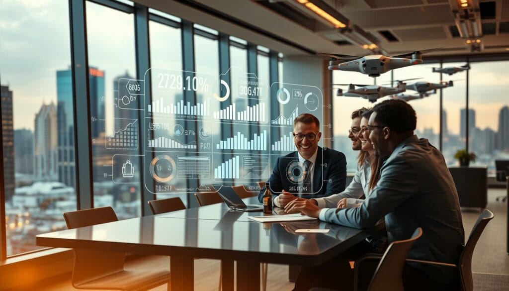 A sleek, modern office setting with large windows overlooking a bustling city skyline. In the foreground, a group of professionals collaborating around a table, their faces alight with enthusiasm as they discuss innovative AI-powered solutions. The middle ground features a holographic display showcasing various business metrics, graphs, and data visualizations, all dynamically updated in real-time. In the background, a fleet of autonomous delivery drones takes flight, symbolizing the efficiency and productivity gains enabled by agentic AI. The scene is bathed in a warm, ambient lighting that accentuates the sense of progress and technological advancement. The overall mood conveys the transformative power of agentic AI in empowering businesses to achieve their goals.