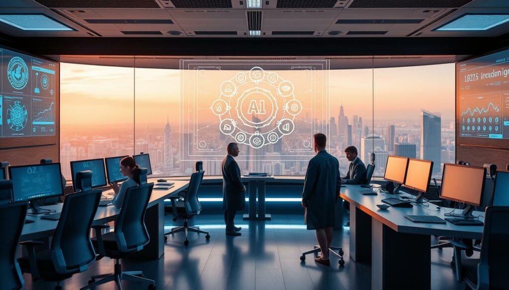 A state-of-the-art AI control center, with a holographic display showcasing intelligent agent models. The foreground features sleek, minimalist workstations and ergonomic chairs, bathed in a soft, ambient lighting. In the middle ground, a team of data scientists and engineers collaborates, their expressions focused as they fine-tune the AI agents. The background depicts a panoramic view of a futuristic cityscape, reflecting the limitless potential of these intelligent systems. The overall atmosphere is one of innovation, technology, and the promise of empowering businesses through advanced AI capabilities.