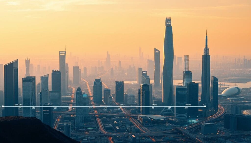 A visually striking AI adoption roadmap depicted against a futuristic cityscape. In the foreground, a stylized timeline unfolds, showcasing key milestones and stages of AI integration, rendered in a sleek, minimalist aesthetic. The middle ground features a bustling metropolis, its skyscrapers and infrastructure bathed in a warm, technological glow, representing the real-world application of AI systems. In the background, a panoramic vista of towering, advanced structures hints at the transformative potential of AI, creating an atmosphere of innovation and progress. The scene is illuminated by a soft, directional light, casting dramatic shadows and highlights to enhance the depth and dynamism of the composition. The overall mood conveys a sense of purposeful, strategic AI adoption, ready to propel businesses into the future.