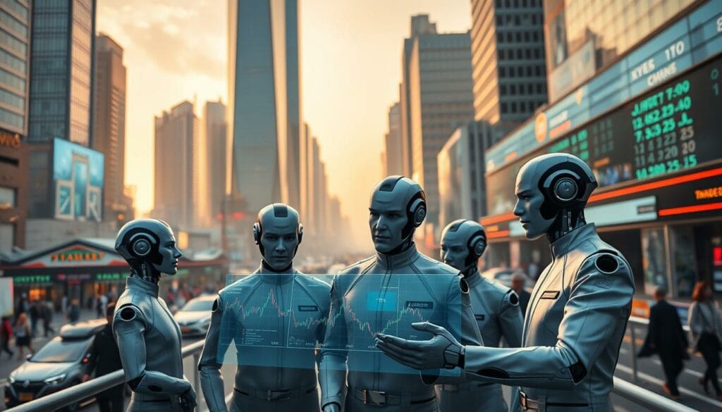 A bustling financial district at dusk, with towering skyscrapers and AI-powered trading terminals visible through the windows. In the foreground, a team of AI agents in sleek, minimalist uniforms conferring over holographic displays, their expressions intense as they analyze market trends and make investment decisions. The scene is bathed in a warm, golden light, conveying a sense of technological sophistication and human-AI collaboration. The background is hazy, with the faint outlines of busy commuters and autonomous vehicles moving through the streets, creating an atmosphere of a dynamic, futuristic financial ecosystem. A bustling financial district at dusk, with towering skyscrapers and AI-powered trading terminals visible through the windows. In the foreground, a team of AI agents in sleek, minimalist uniforms conferring over holographic displays, their expressions intense as they analyze market trends and make investment decisions. The scene is bathed in a warm, golden light, conveying a sense of technological sophistication and human-AI collaboration. The background is hazy, with the faint outlines of busy commuters and autonomous vehicles moving through the streets, creating an atmosphere of a dynamic, futuristic financial ecosystem.