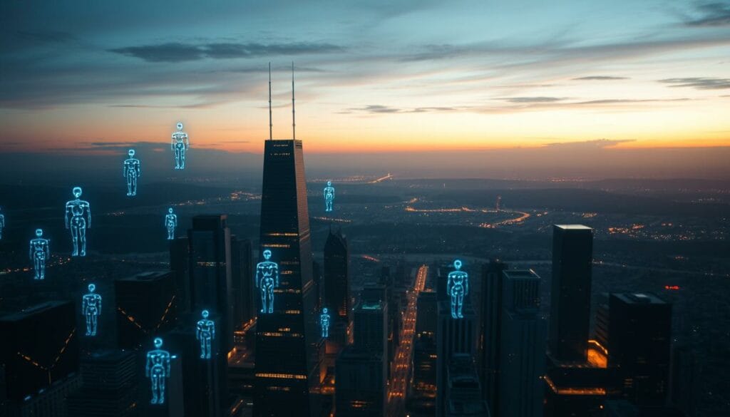 A futuristic cityscape at dusk, bathed in an ethereal glow. In the foreground, transparent AI agents float and interact, their forms shimmering with holographic energy. In the middle ground, skyscrapers with sleek, minimalist designs reach towards the sky, their surfaces reflecting the changing hues of the twilight. In the background, a vast expanse of rolling hills and a distant horizon, hinting at the boundless possibilities of the AI-powered future. The scene is imbued with a sense of wonder and innovation, capturing the dynamic evolution of AI agents and their integration into the urban landscape. A futuristic cityscape at dusk, bathed in an ethereal glow. In the foreground, transparent AI agents float and interact, their forms shimmering with holographic energy. In the middle ground, skyscrapers with sleek, minimalist designs reach towards the sky, their surfaces reflecting the changing hues of the twilight. In the background, a vast expanse of rolling hills and a distant horizon, hinting at the boundless possibilities of the AI-powered future. The scene is imbued with a sense of wonder and innovation, capturing the dynamic evolution of AI agents and their integration into the urban landscape.